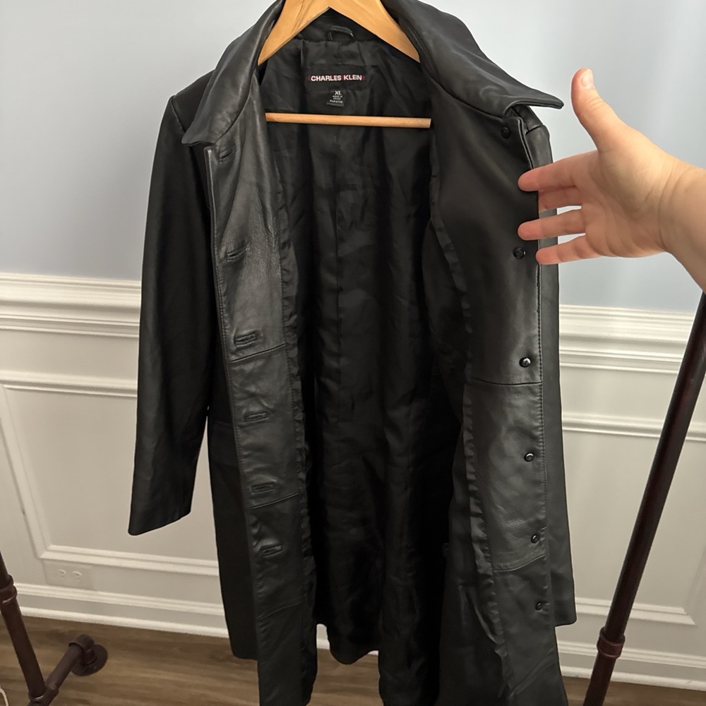 Charles Klein Black Leather Trench Coat Jacket Women's XL Collared Button Up 90s - Picture 6 of 7